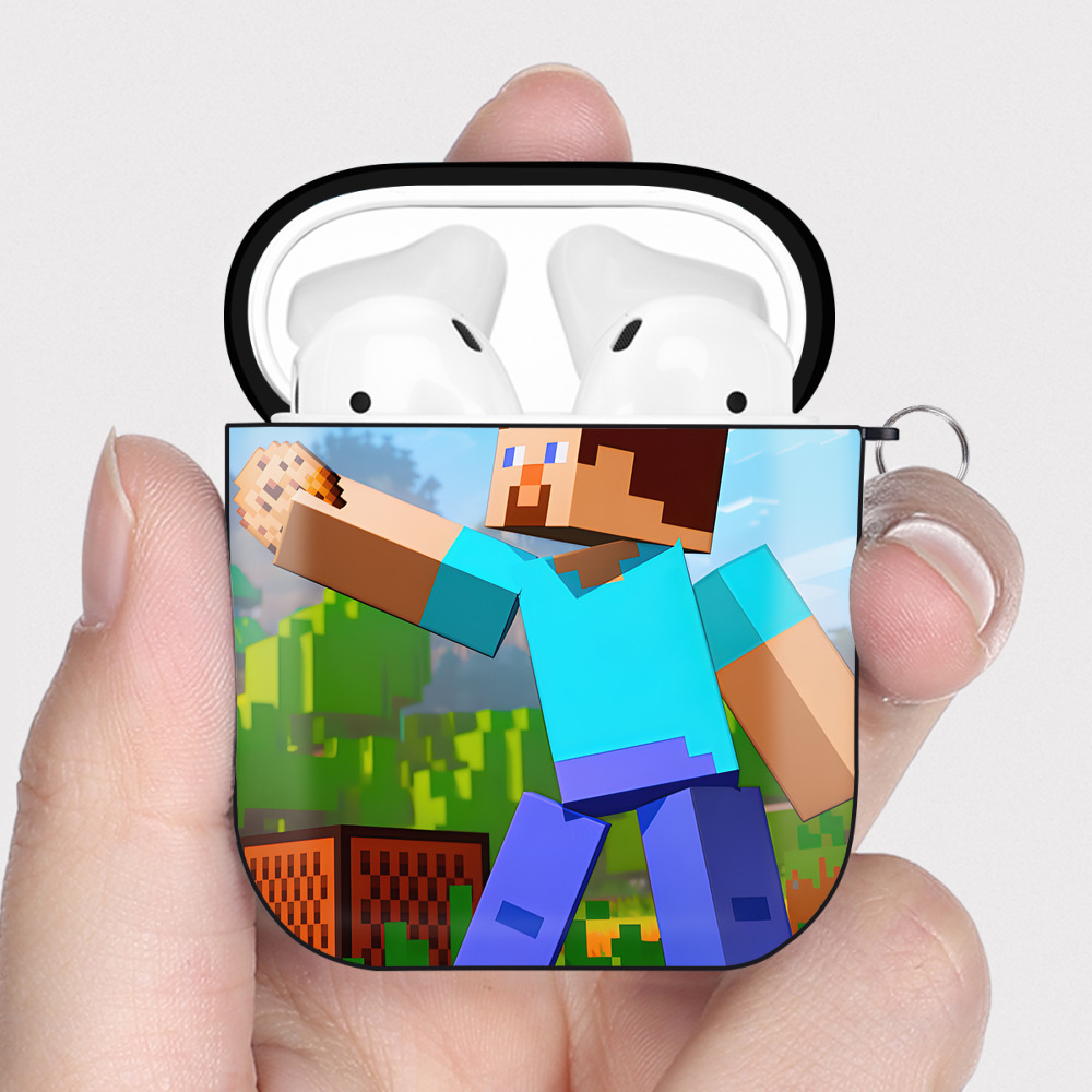 （画像用） マインクラフト ブロックの世界 Minecraft MC Block world AirPods 第2世代保護ケース ハードシェル ブラック 耐衝撃・防指紋・カラビナ付き