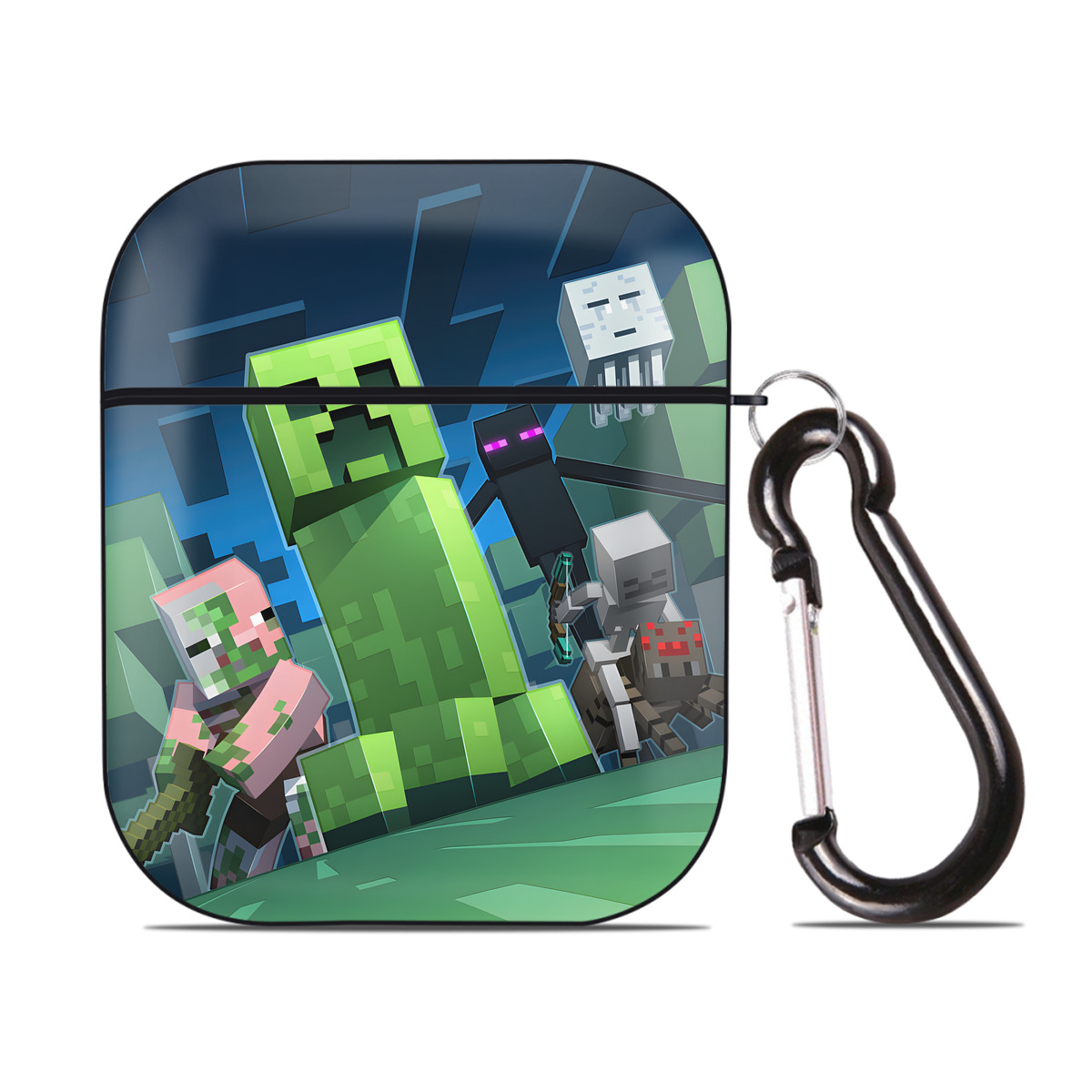 （画像用） マインクラフト ブロックの世界 Minecraft MC Block world AirPods 第2世代保護ケース ハードシェル ブラック 耐衝撃・防指紋・カラビナ付き