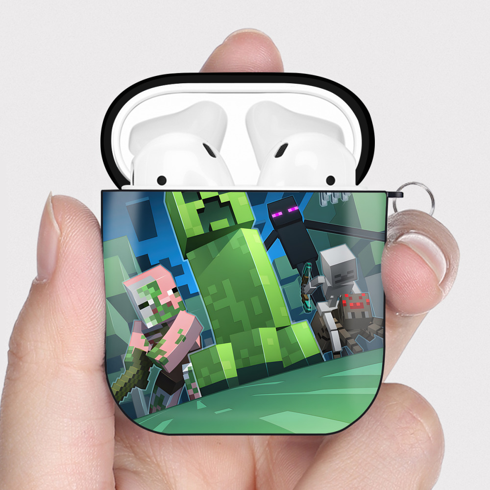 （画像用） マインクラフト ブロックの世界 Minecraft MC Block world AirPods 第2世代保護ケース ハードシェル ブラック 耐衝撃・防指紋・カラビナ付き