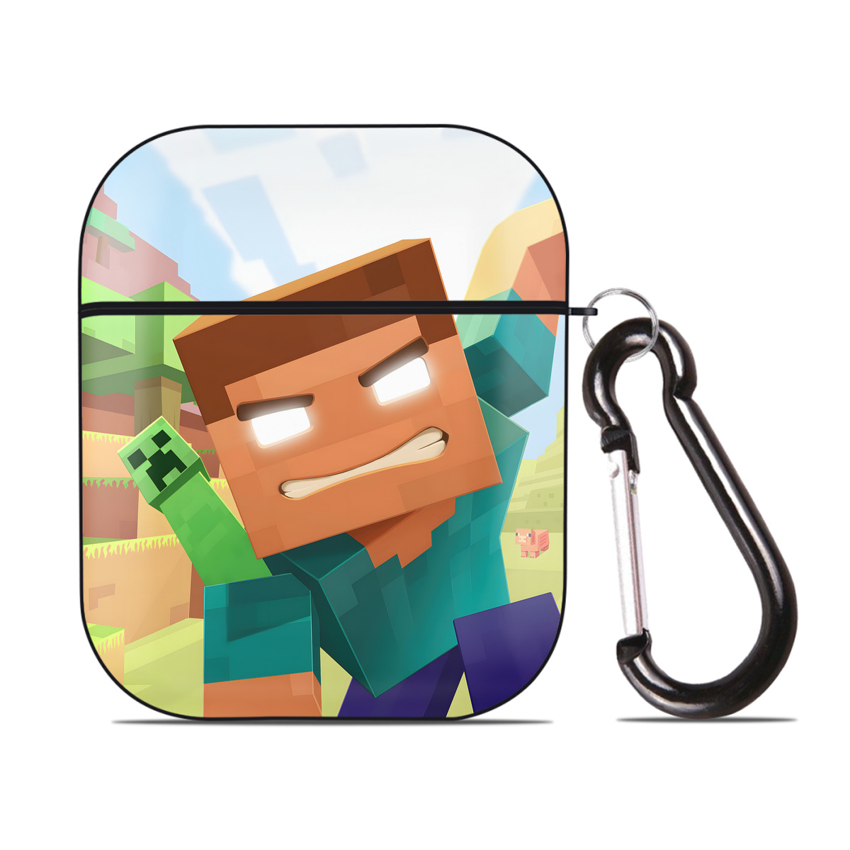 （画像用） マインクラフト ブロックの世界 Minecraft MC Block world AirPods 第2世代保護ケース ハードシェル ブラック 耐衝撃・防指紋・カラビナ付き