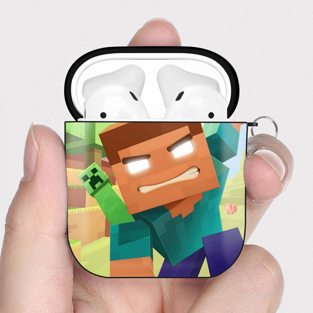 （画像用） マインクラフト ブロックの世界 Minecraft MC Block world AirPods 第2世代保護ケース ハードシェル ブラック 耐衝撃・防指紋・カラビナ付き
