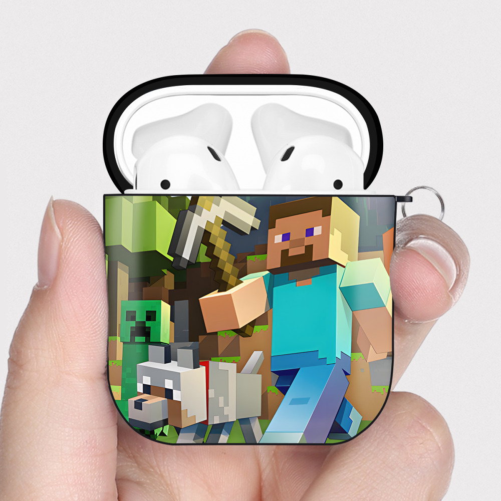（画像用） マインクラフト ブロックの世界 Minecraft MC Block world AirPods 第2世代保護ケース ハードシェル ブラック 耐衝撃・防指紋・カラビナ付き