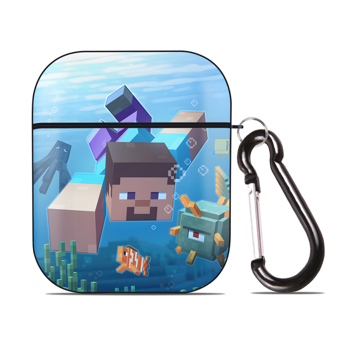 （画像用） マインクラフト ブロックの世界 Minecraft MC Block world AirPods 第2世代保護ケース ハードシェル ブラック 耐衝撃・防指紋・カラビナ付き