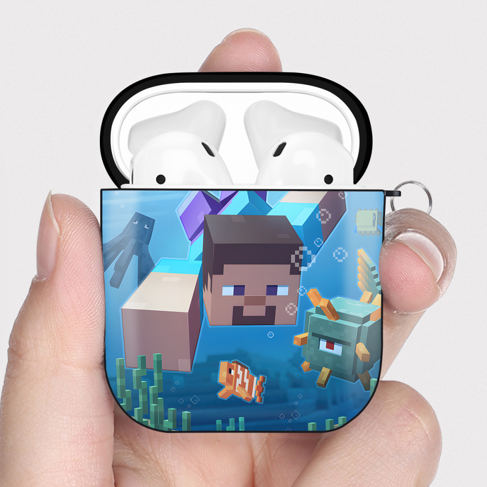 （画像用） マインクラフト ブロックの世界 Minecraft MC Block world AirPods 第2世代保護ケース ハードシェル ブラック 耐衝撃・防指紋・カラビナ付き