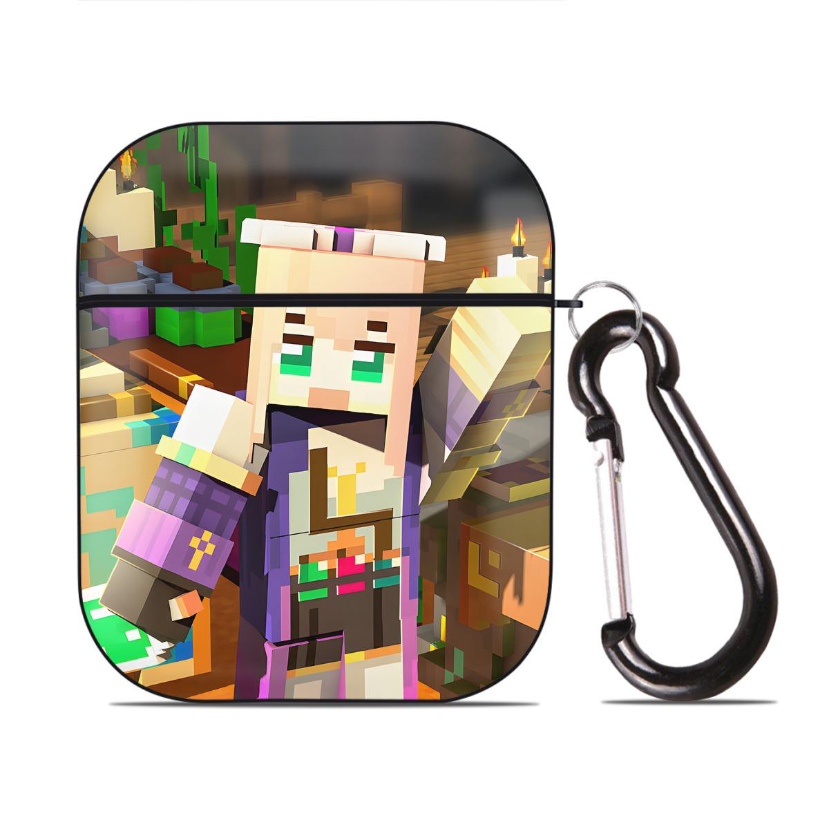 （画像用） マインクラフト ブロックの世界 Minecraft MC Block world AirPods 第2世代保護ケース ハードシェル ブラック 耐衝撃・防指紋・カラビナ付き