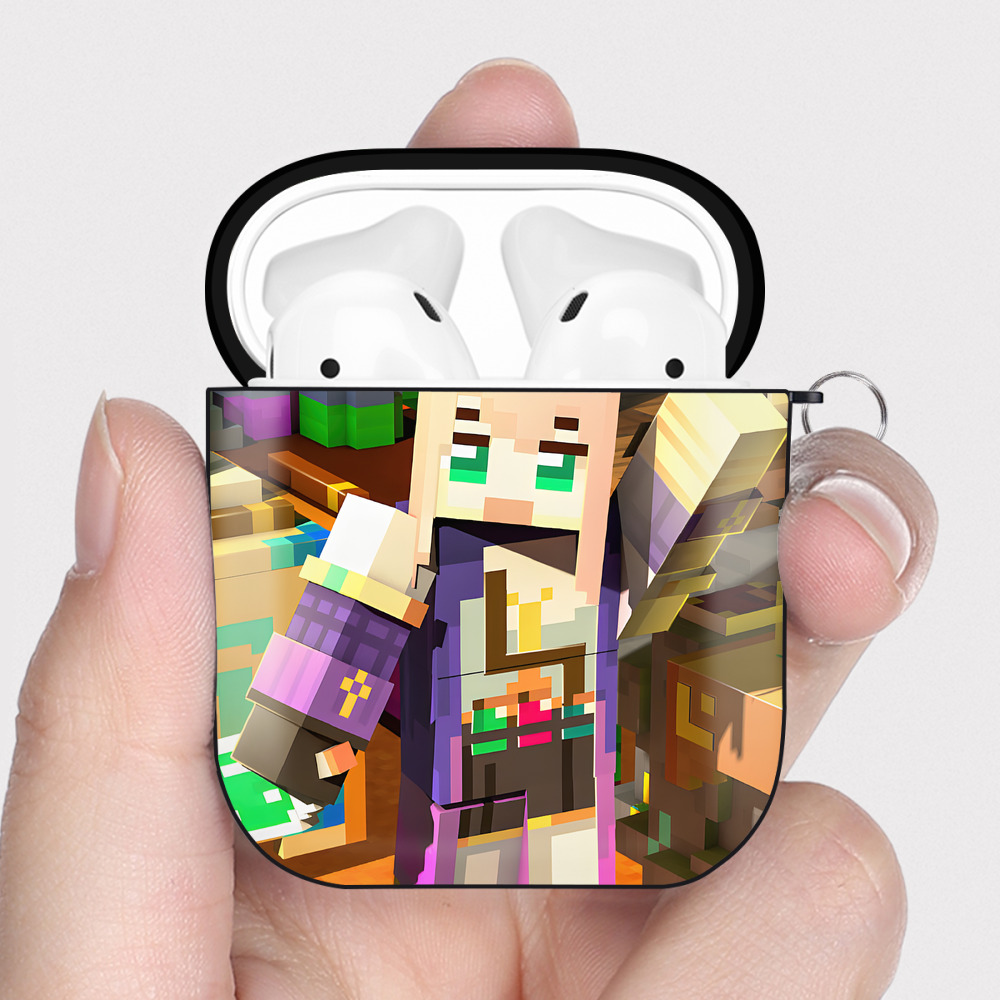 （画像用） マインクラフト ブロックの世界 Minecraft MC Block world AirPods 第2世代保護ケース ハードシェル ブラック 耐衝撃・防指紋・カラビナ付き