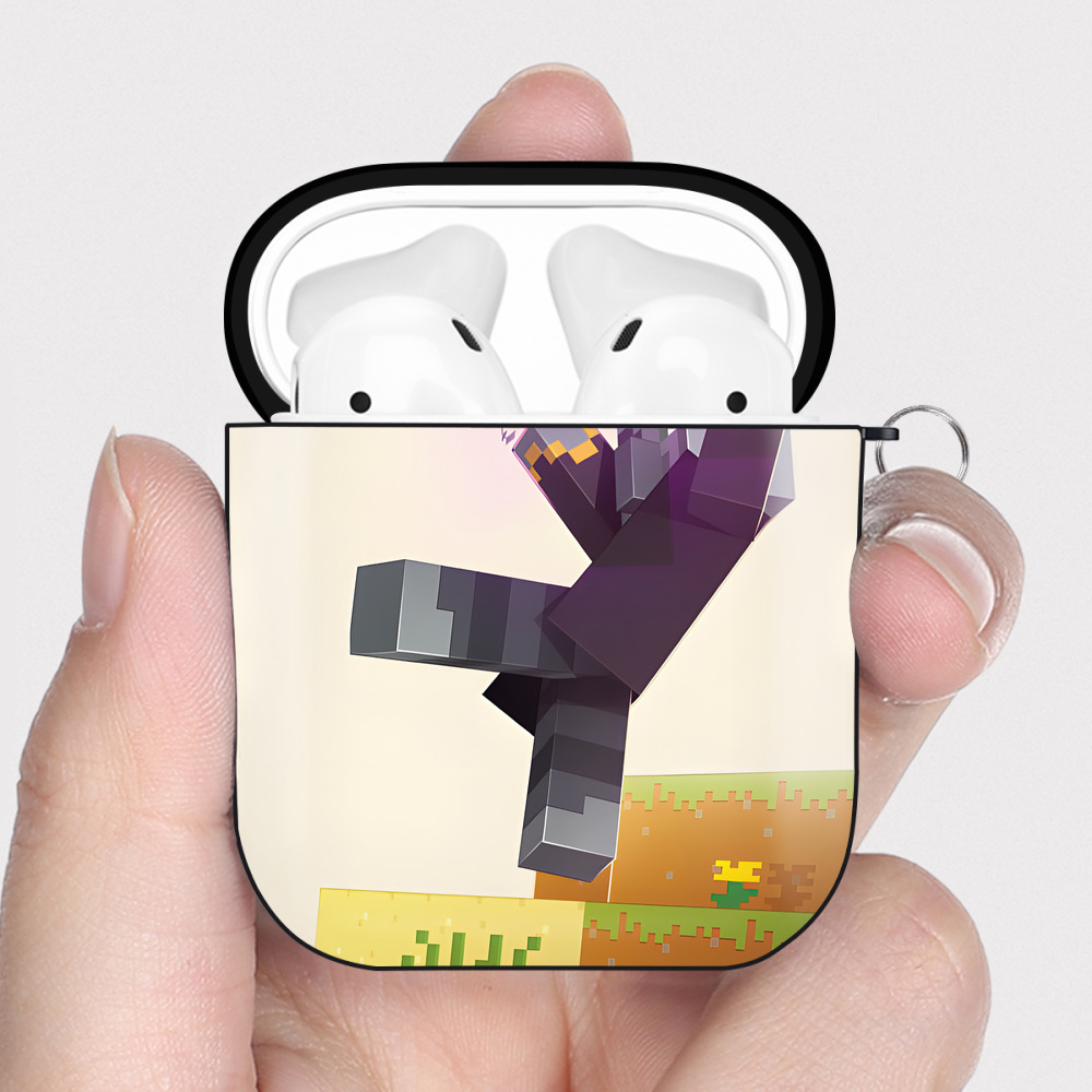 （画像用） マインクラフト ブロックの世界 Minecraft MC Block world AirPods 第2世代保護ケース ハードシェル ブラック 耐衝撃・防指紋・カラビナ付き
