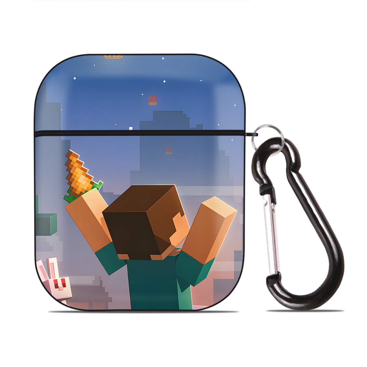 （画像用） マインクラフト ブロックの世界 Minecraft MC Block world AirPods 第2世代保護ケース ハードシェル ブラック 耐衝撃・防指紋・カラビナ付き