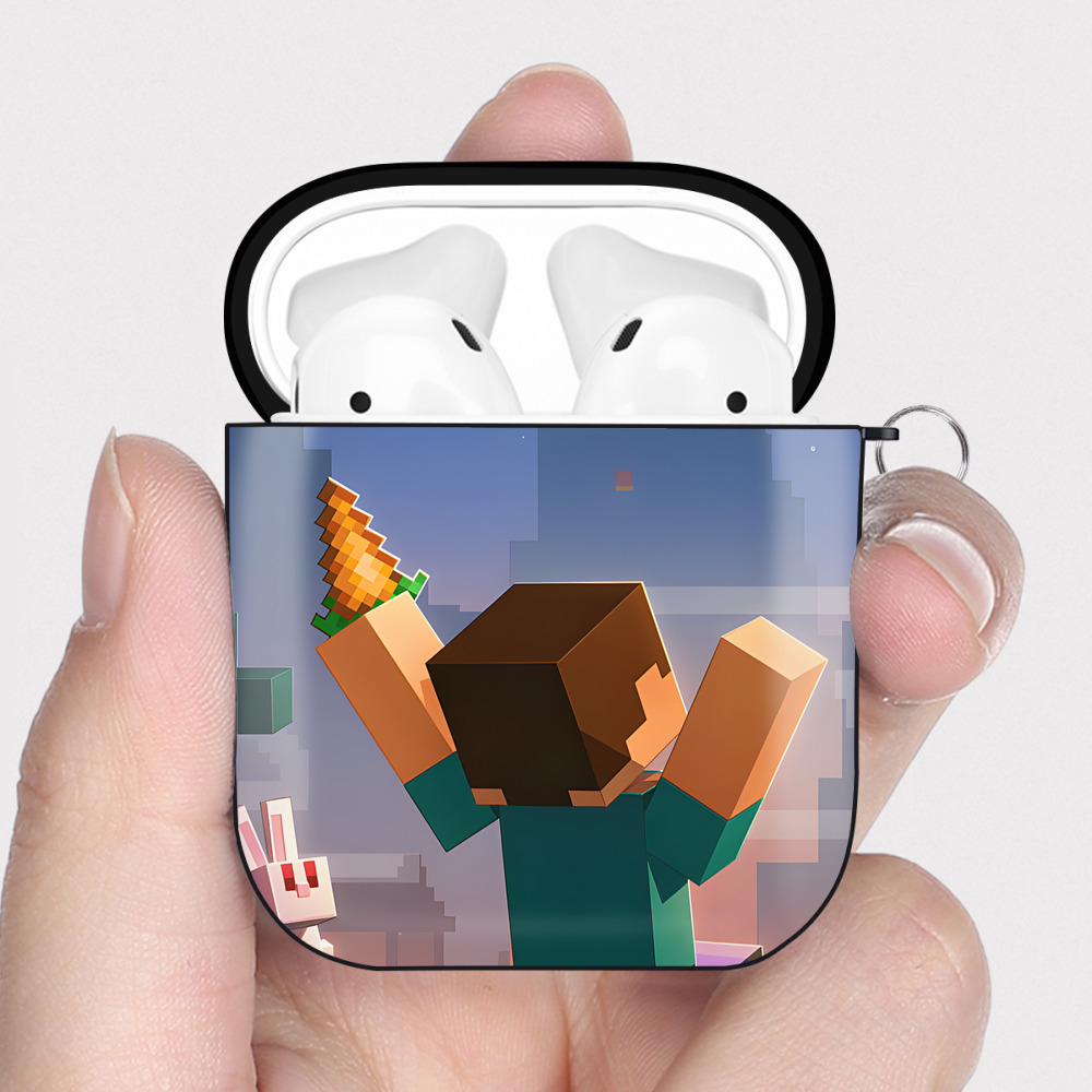（画像用） マインクラフト ブロックの世界 Minecraft MC Block world AirPods 第2世代保護ケース ハードシェル ブラック 耐衝撃・防指紋・カラビナ付き