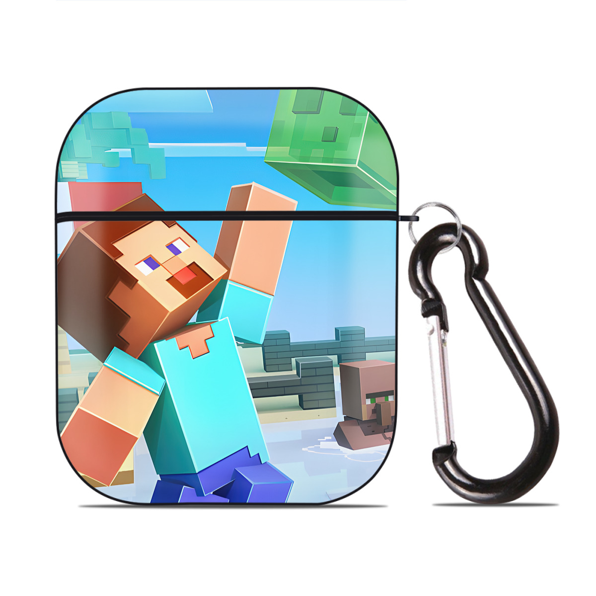 （画像用） マインクラフト ブロックの世界 Minecraft MC Block world AirPods 第2世代保護ケース ハードシェル ブラック 耐衝撃・防指紋・カラビナ付き