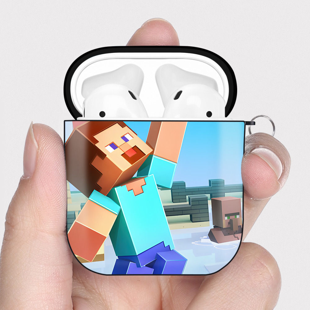（画像用） マインクラフト ブロックの世界 Minecraft MC Block world AirPods 第2世代保護ケース ハードシェル ブラック 耐衝撃・防指紋・カラビナ付き