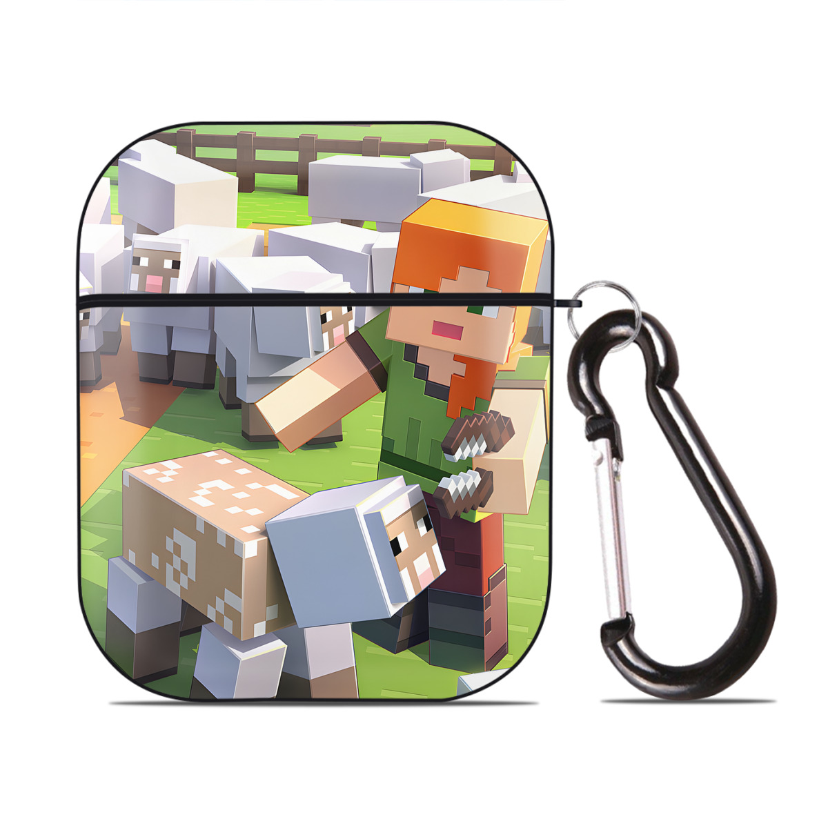 （画像用） マインクラフト ブロックの世界 Minecraft MC Block world AirPods 第2世代保護ケース ハードシェル ブラック 耐衝撃・防指紋・カラビナ付き