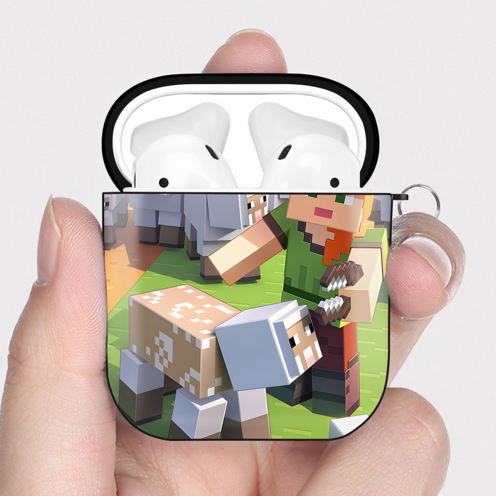 （画像用） マインクラフト ブロックの世界 Minecraft MC Block world AirPods 第2世代保護ケース ハードシェル ブラック 耐衝撃・防指紋・カラビナ付き