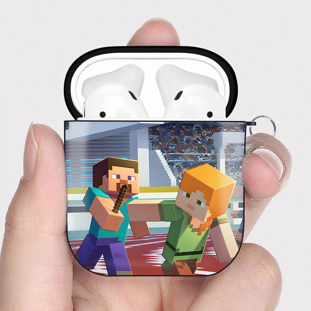 （画像用） マインクラフト ブロックの世界 Minecraft MC Block world AirPods 第2世代保護ケース ハードシェル ブラック 耐衝撃・防指紋・カラビナ付き