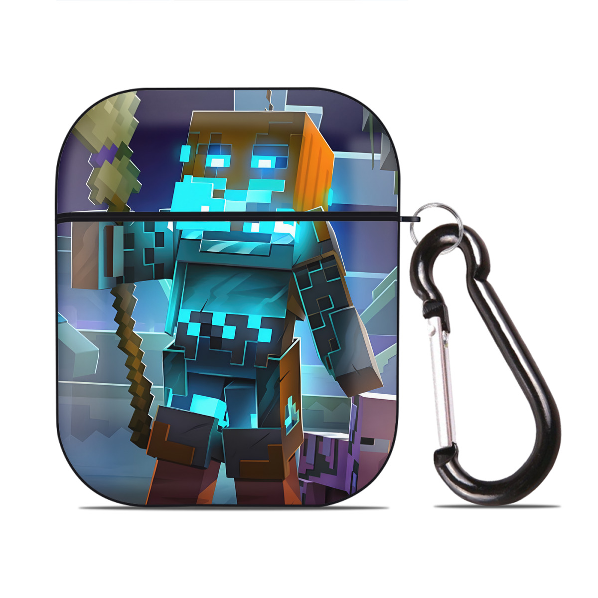 （画像用） マインクラフト ブロックの世界 Minecraft MC Block world AirPods 第2世代保護ケース ハードシェル ブラック 耐衝撃・防指紋・カラビナ付き