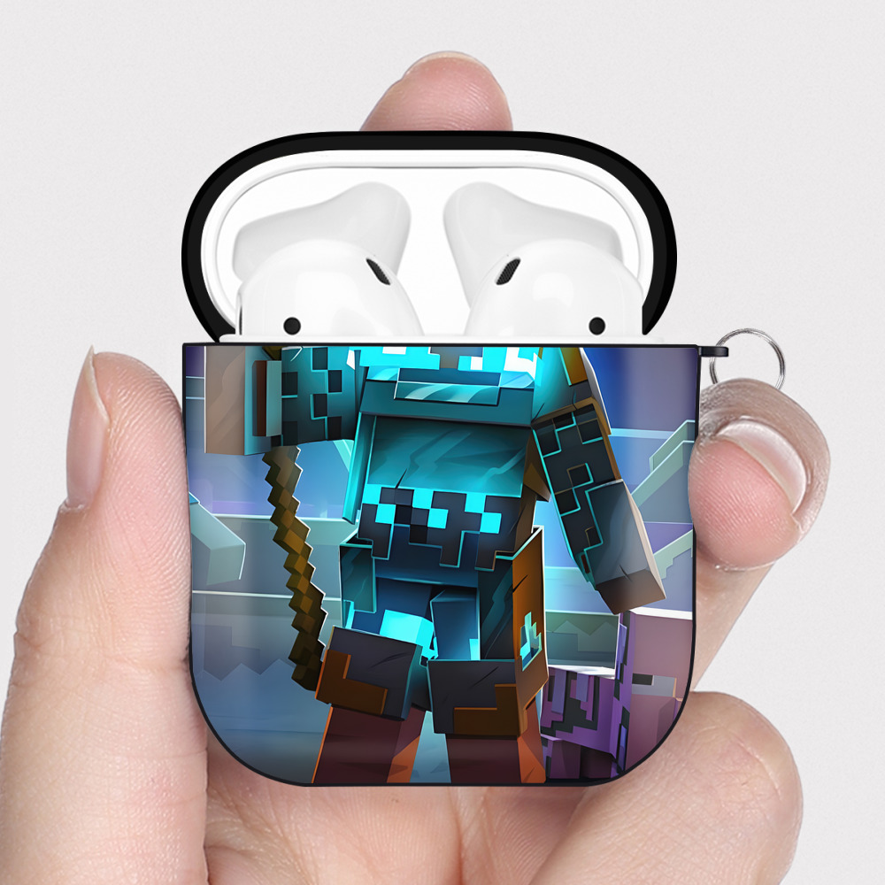 （画像用） マインクラフト ブロックの世界 Minecraft MC Block world AirPods 第2世代保護ケース ハードシェル ブラック 耐衝撃・防指紋・カラビナ付き