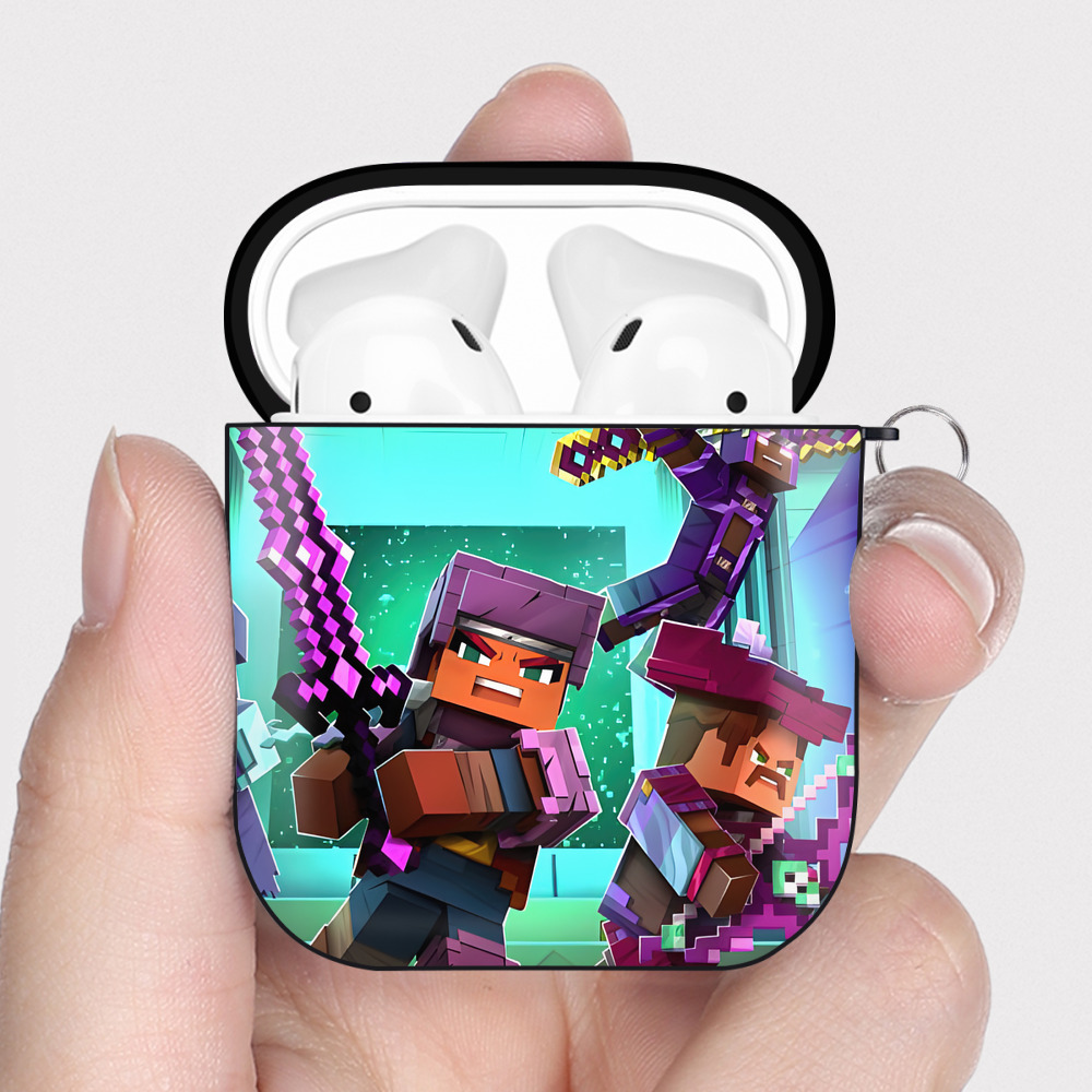 （画像用） マインクラフト ブロックの世界 Minecraft MC Block world AirPods 第2世代保護ケース ハードシェル ブラック 耐衝撃・防指紋・カラビナ付き