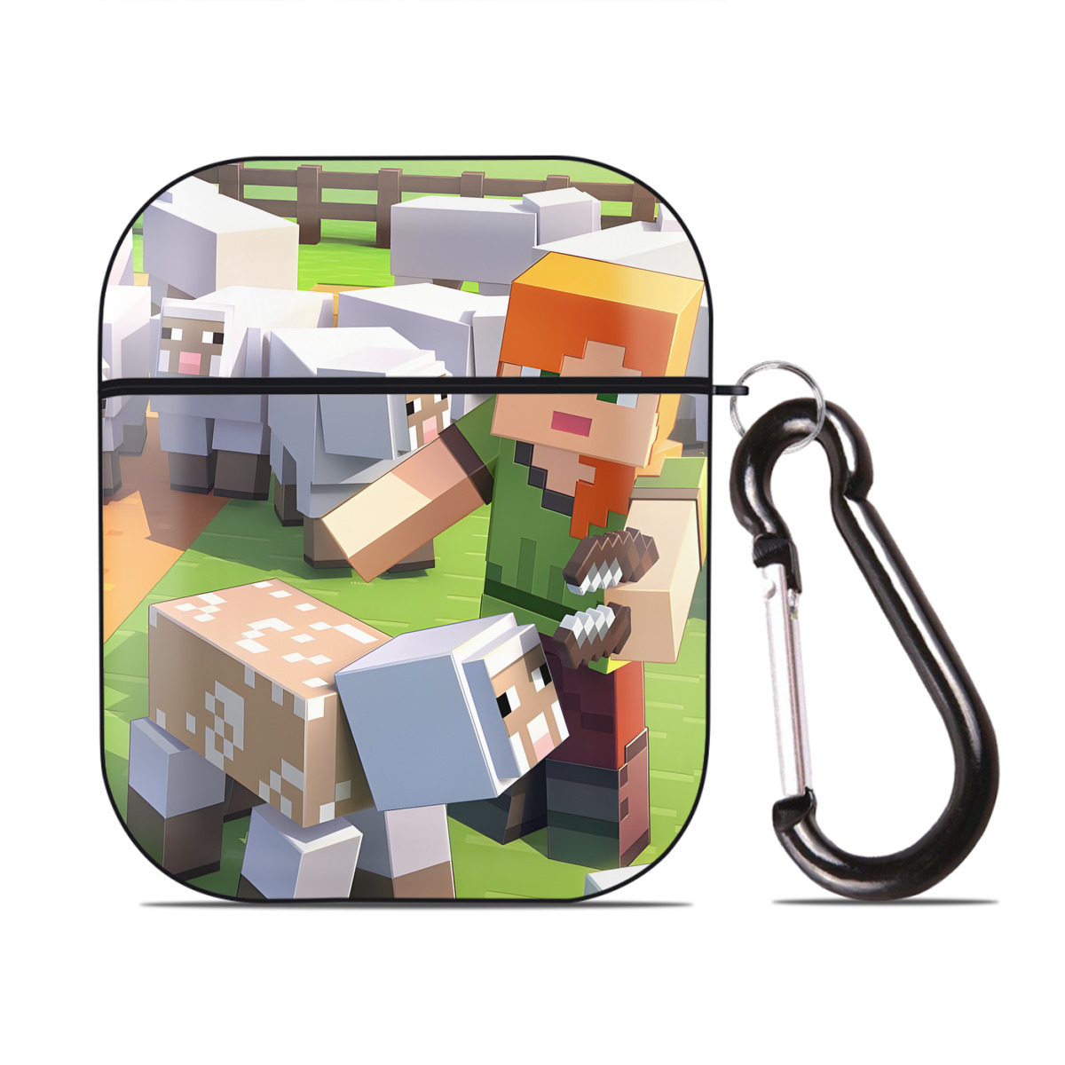 （画像用） マインクラフト ブロックの世界 Minecraft MC Block world AirPods 第2世代保護ケース ハードシェル ブラック 耐衝撃・防指紋・カラビナ付き
