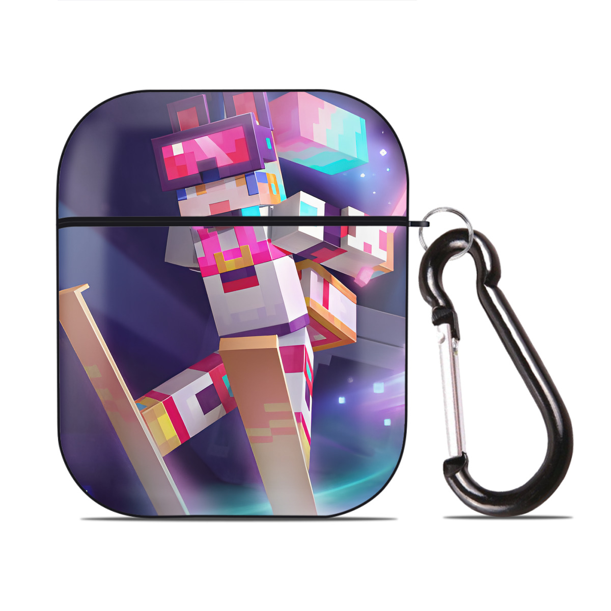 （画像用） マインクラフト ブロックの世界 Minecraft MC Block world AirPods 第2世代保護ケース ハードシェル ブラック 耐衝撃・防指紋・カラビナ付き