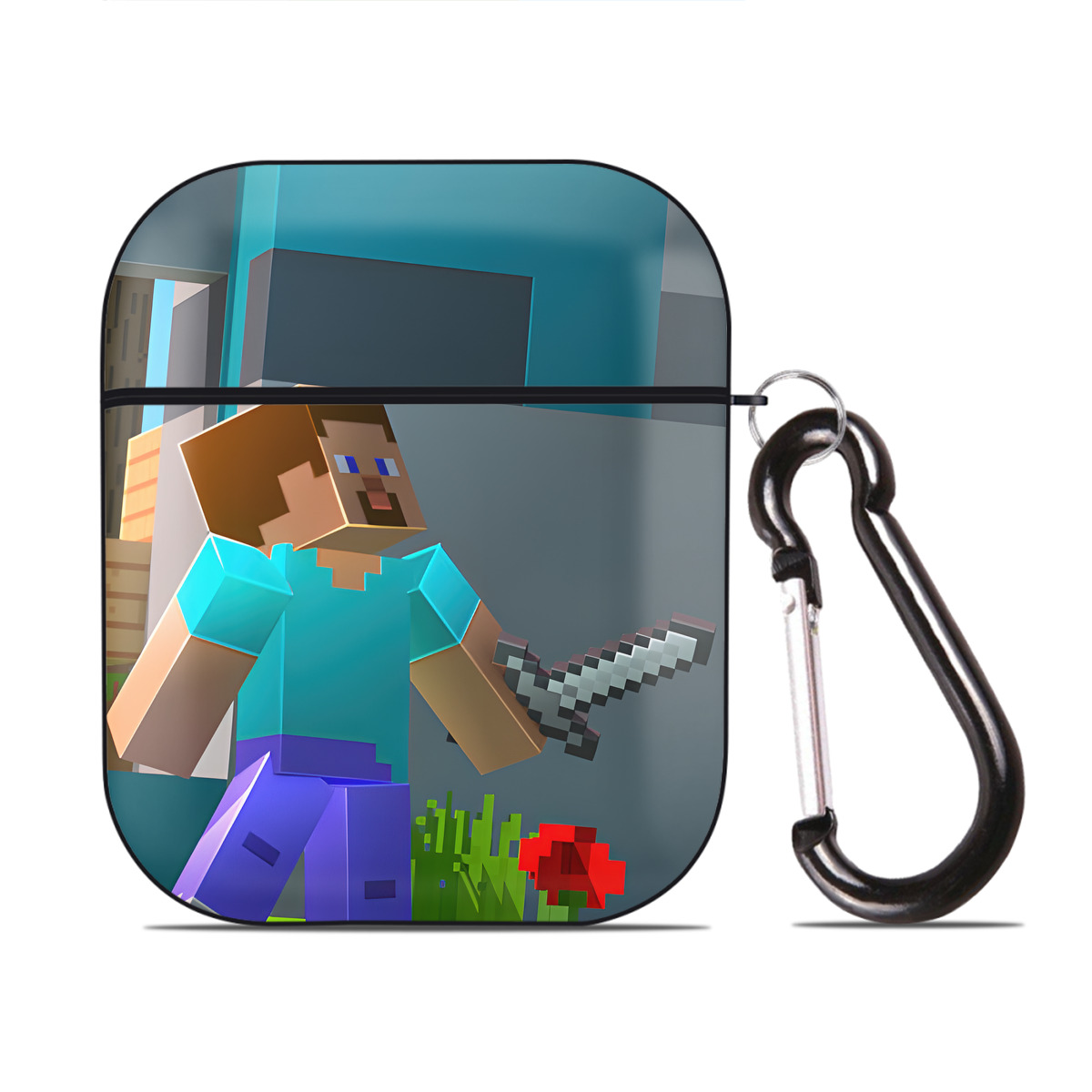 （画像用） マインクラフト ブロックの世界 Minecraft MC Block world AirPods 第2世代保護ケース ハードシェル ブラック 耐衝撃・防指紋・カラビナ付き