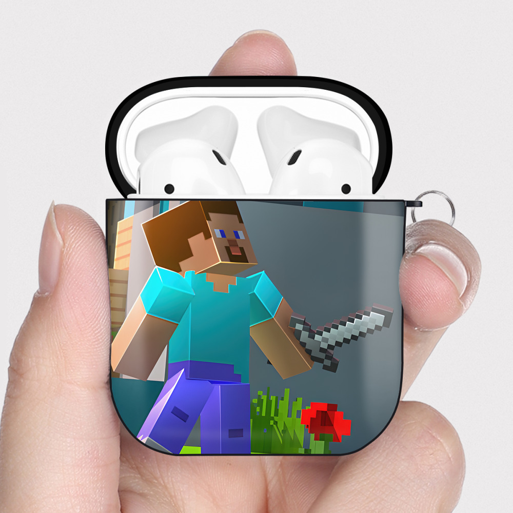 （画像用） マインクラフト ブロックの世界 Minecraft MC Block world AirPods 第2世代保護ケース ハードシェル ブラック 耐衝撃・防指紋・カラビナ付き
