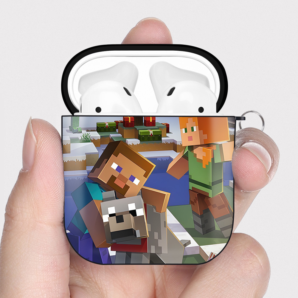 （画像用） マインクラフト ブロックの世界 Minecraft MC Block world AirPods 第2世代保護ケース ハードシェル ブラック 耐衝撃・防指紋・カラビナ付き