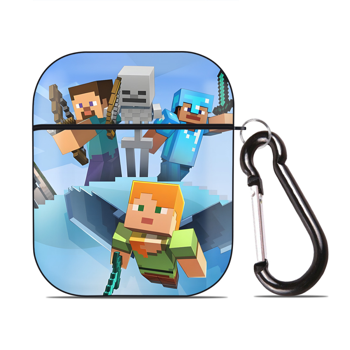 （画像用） マインクラフト ブロックの世界 Minecraft MC Block world AirPods 第2世代保護ケース ハードシェル ブラック 耐衝撃・防指紋・カラビナ付き