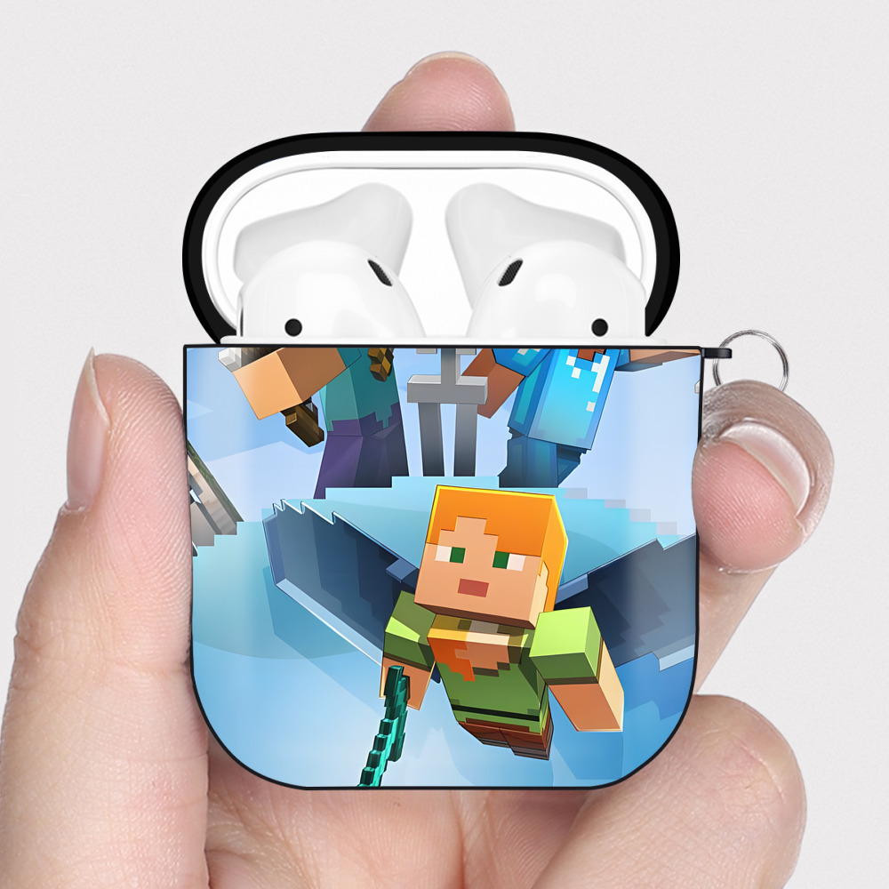 （画像用） マインクラフト ブロックの世界 Minecraft MC Block world AirPods 第2世代保護ケース ハードシェル ブラック 耐衝撃・防指紋・カラビナ付き