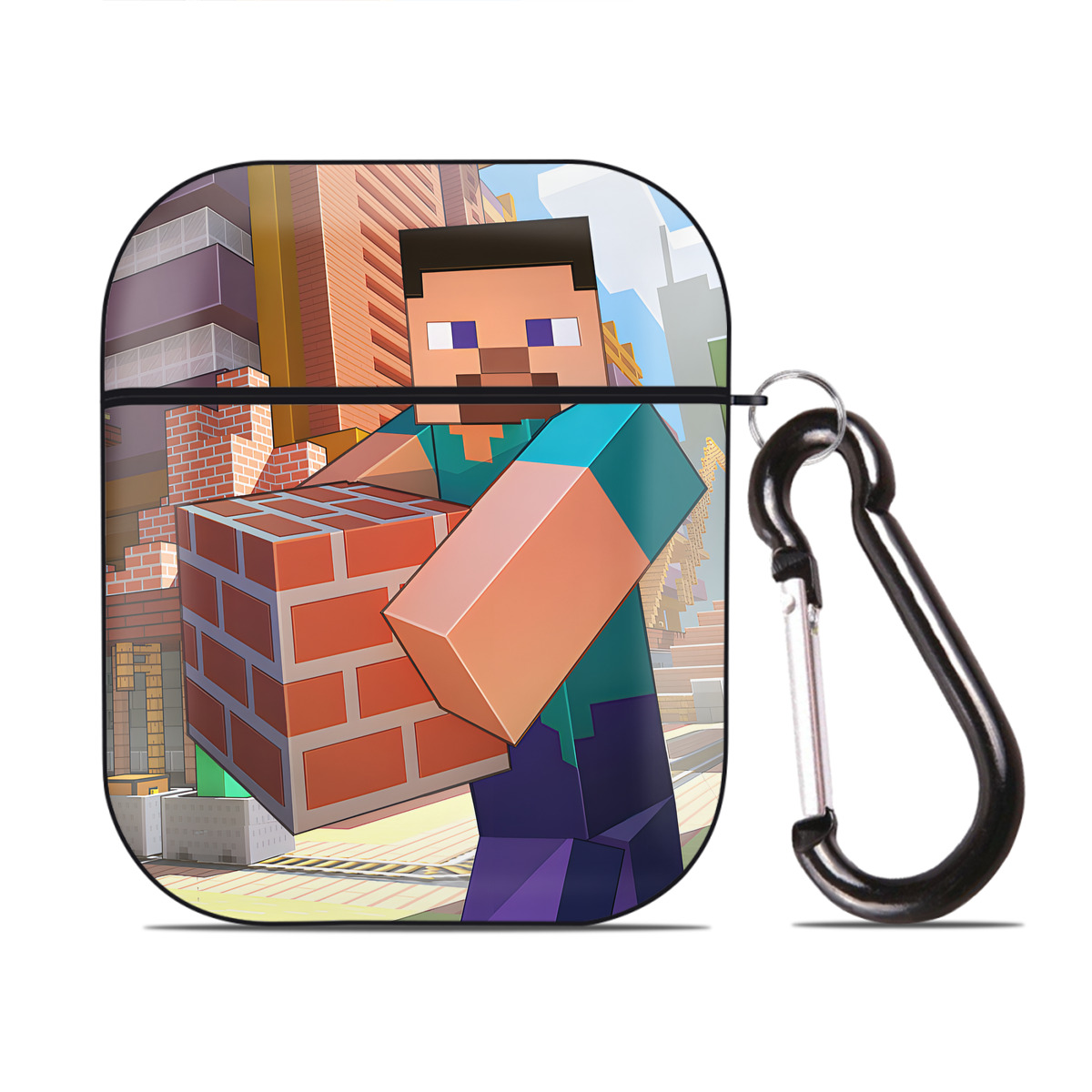 （画像用） マインクラフト ブロックの世界 Minecraft MC Block world AirPods 第2世代保護ケース ハードシェル ブラック 耐衝撃・防指紋・カラビナ付き