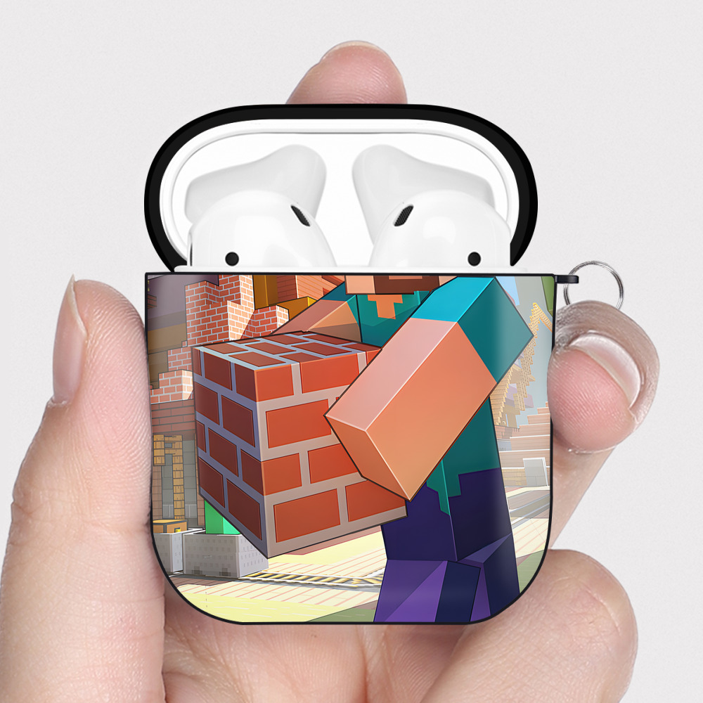 （画像用） マインクラフト ブロックの世界 Minecraft MC Block world AirPods 第2世代保護ケース ハードシェル ブラック 耐衝撃・防指紋・カラビナ付き