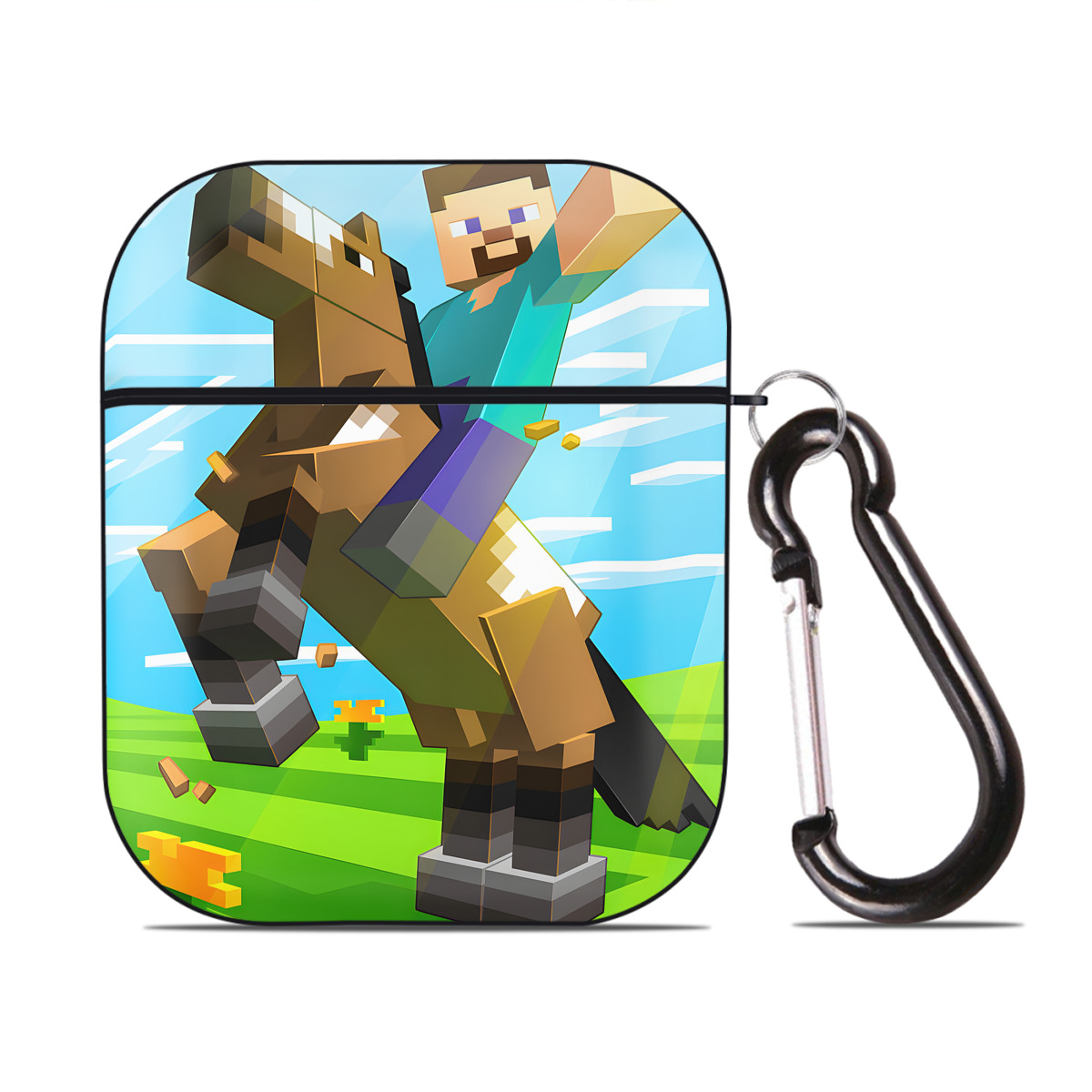 （画像用） マインクラフト ブロックの世界 Minecraft MC Block world AirPods 第2世代保護ケース ハードシェル ブラック 耐衝撃・防指紋・カラビナ付き