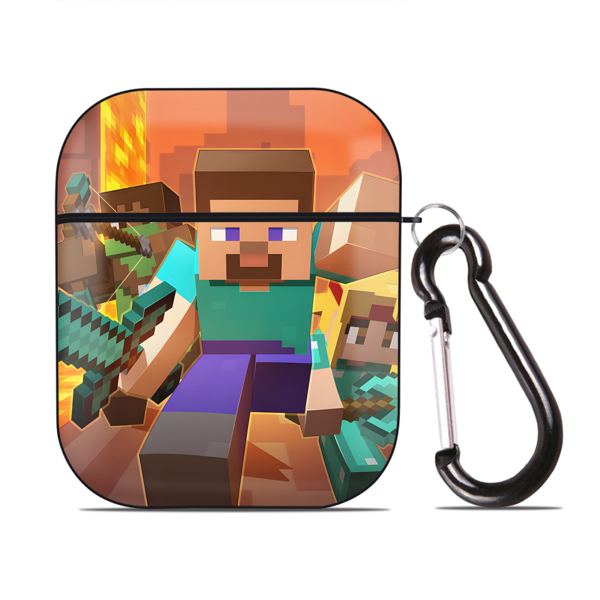 （画像用） マインクラフト ブロックの世界 Minecraft MC Block world AirPods 第2世代保護ケース ハードシェル ブラック 耐衝撃・防指紋・カラビナ付き