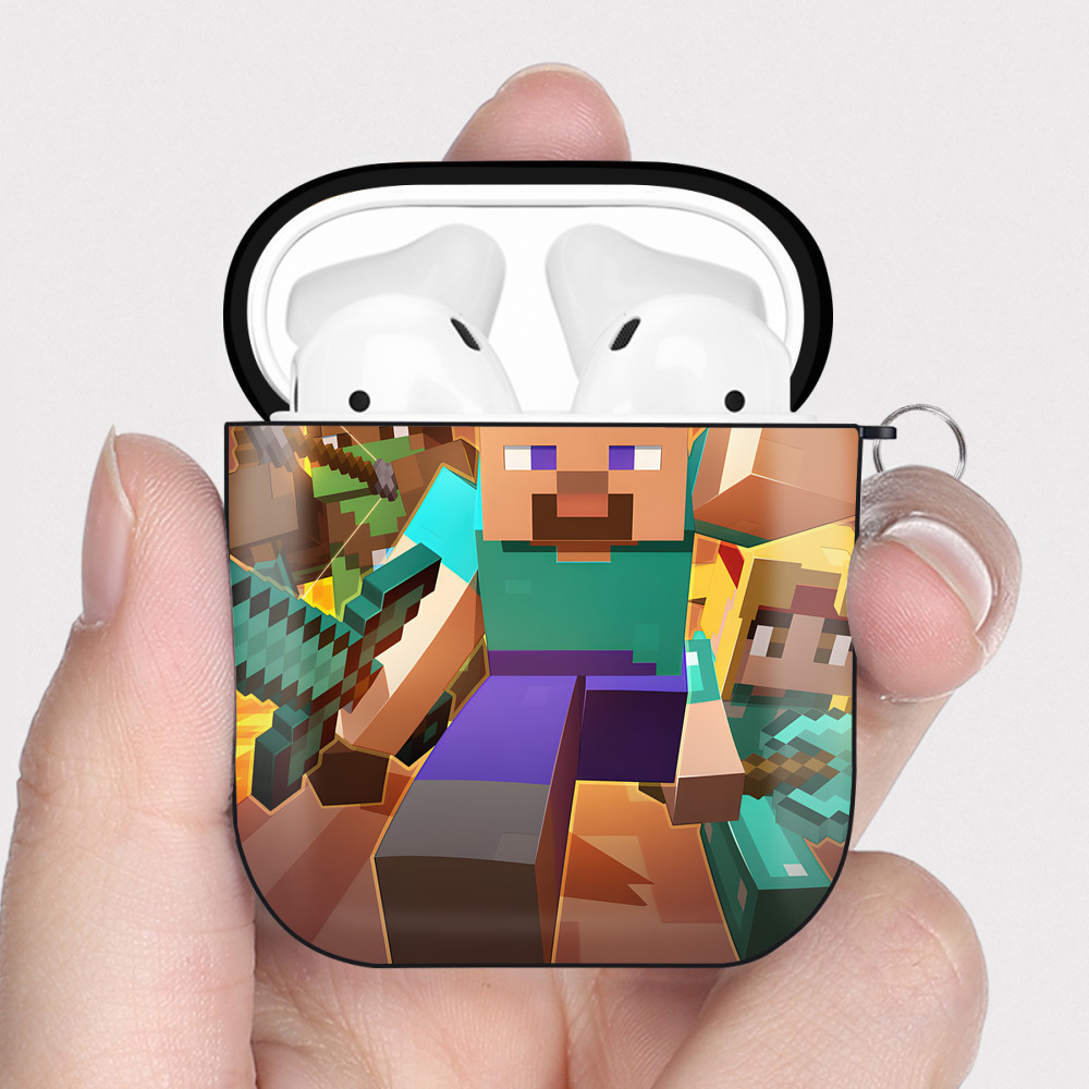 （画像用） マインクラフト ブロックの世界 Minecraft MC Block world AirPods 第2世代保護ケース ハードシェル ブラック 耐衝撃・防指紋・カラビナ付き