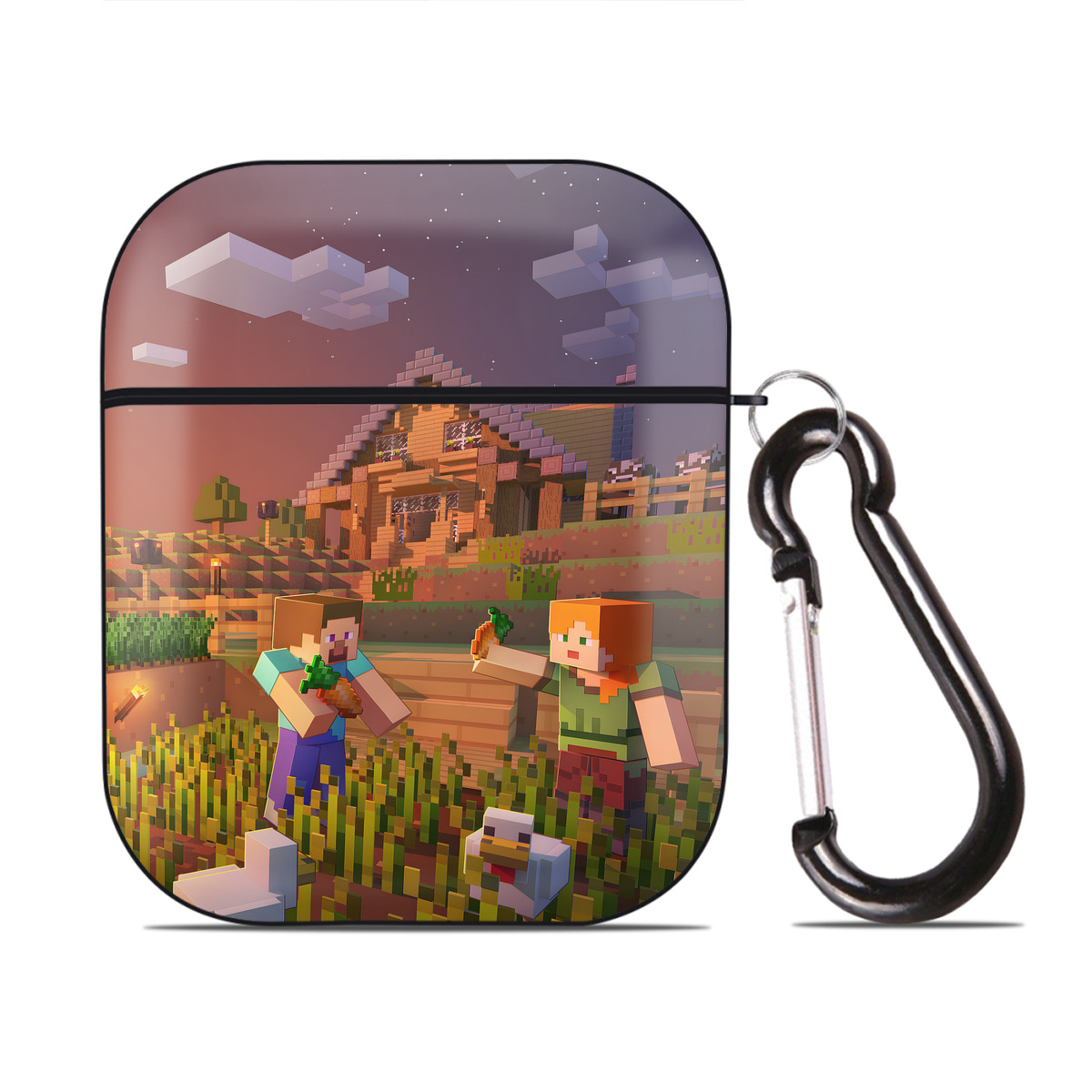 （画像用） マインクラフト ブロックの世界 Minecraft MC Block world AirPods 第2世代保護ケース ハードシェル ブラック 耐衝撃・防指紋・カラビナ付き
