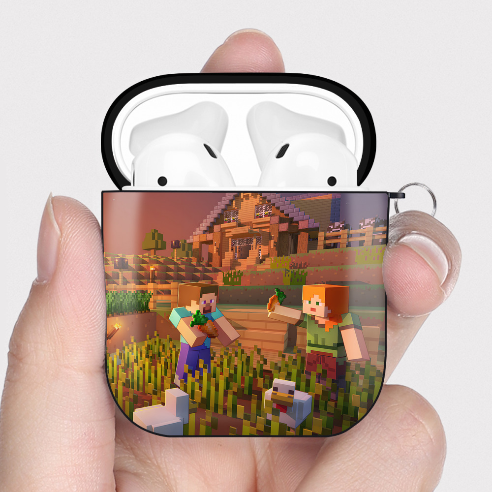 （画像用） マインクラフト ブロックの世界 Minecraft MC Block world AirPods 第2世代保護ケース ハードシェル ブラック 耐衝撃・防指紋・カラビナ付き