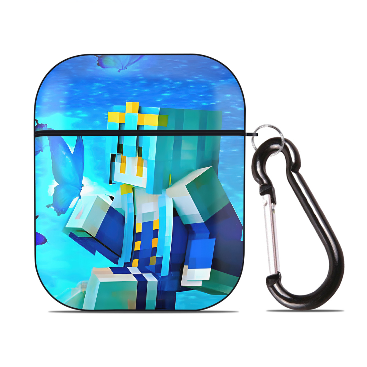 （画像用） マインクラフト ブロックの世界 Minecraft MC Block world AirPods 第2世代保護ケース ハードシェル ブラック 耐衝撃・防指紋・カラビナ付き