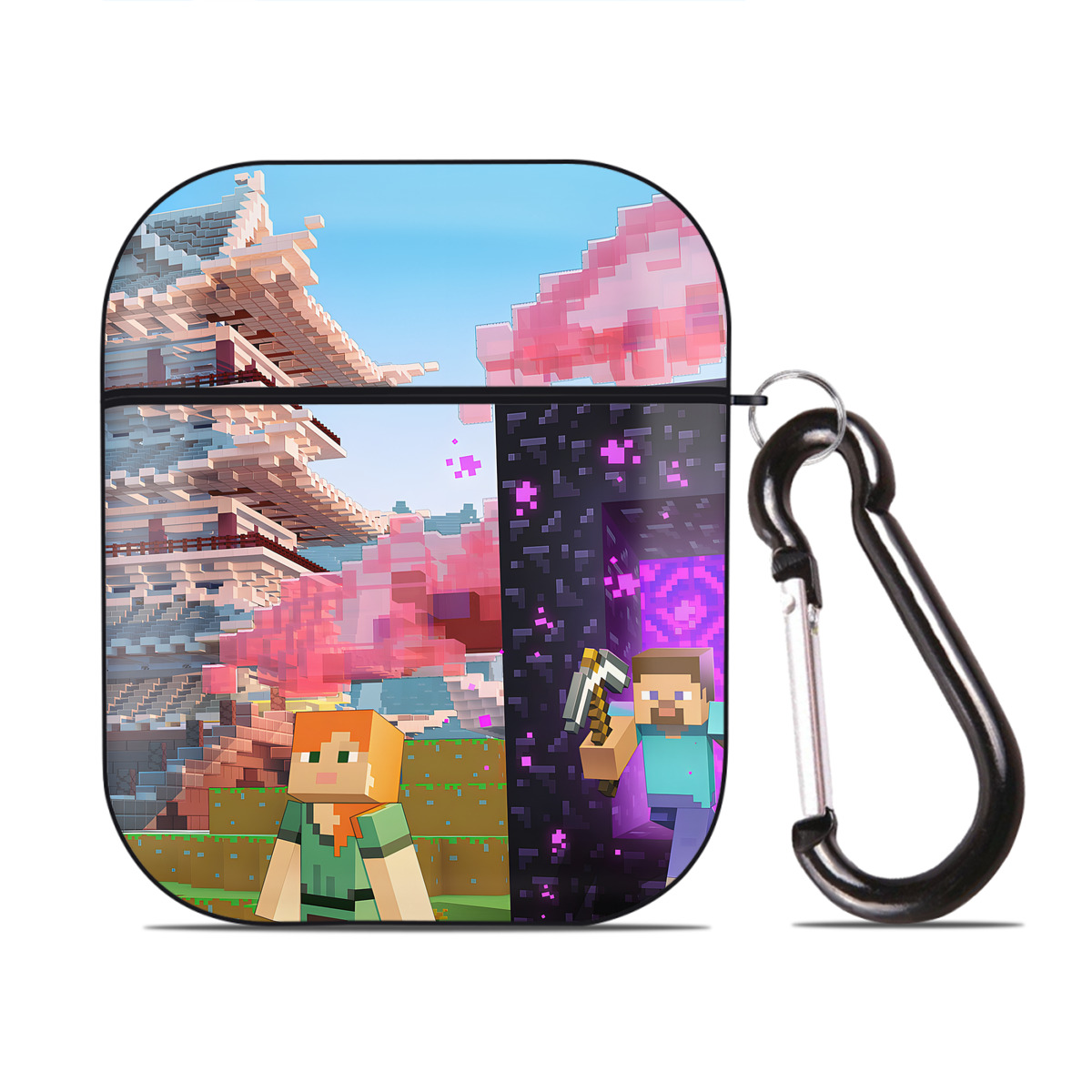 （画像用） マインクラフト ブロックの世界 Minecraft MC Block world AirPods 第2世代保護ケース ハードシェル ブラック 耐衝撃・防指紋・カラビナ付き