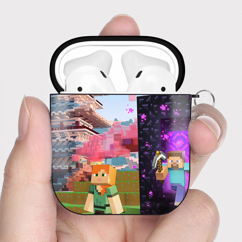 （画像用） マインクラフト ブロックの世界 Minecraft MC Block world AirPods 第2世代保護ケース ハードシェル ブラック 耐衝撃・防指紋・カラビナ付き