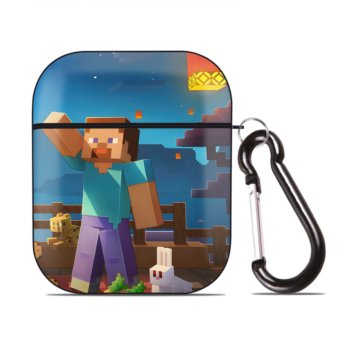 （画像用） マインクラフト ブロックの世界 Minecraft MC Block world AirPods 第2世代保護ケース ハードシェル ブラック 耐衝撃・防指紋・カラビナ付き
