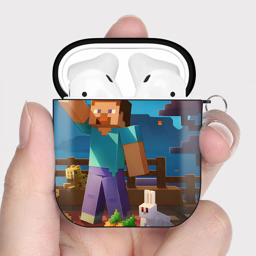 （画像用） マインクラフト ブロックの世界 Minecraft MC Block world AirPods 第2世代保護ケース ハードシェル ブラック 耐衝撃・防指紋・カラビナ付き