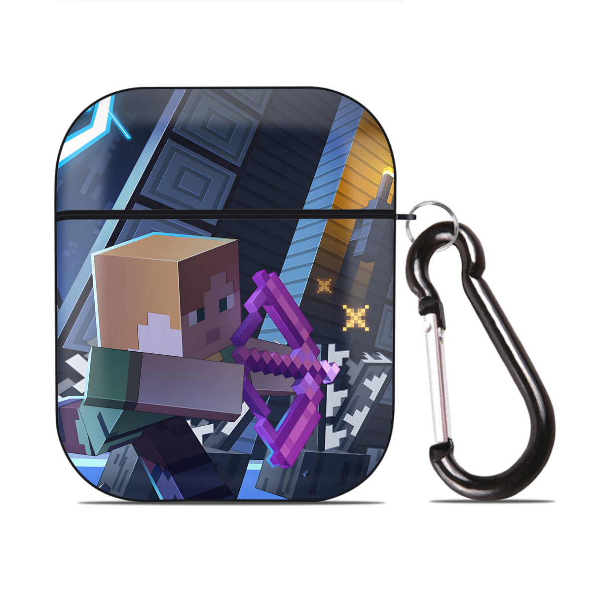（画像用） マインクラフト ブロックの世界 Minecraft MC Block world AirPods 第2世代保護ケース ハードシェル ブラック 耐衝撃・防指紋・カラビナ付き