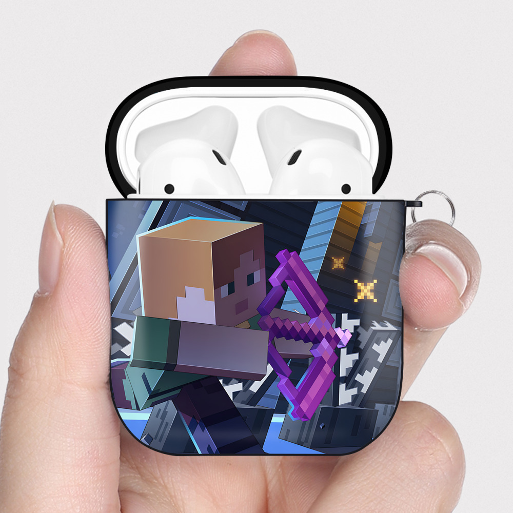 （画像用） マインクラフト ブロックの世界 Minecraft MC Block world AirPods 第2世代保護ケース ハードシェル ブラック 耐衝撃・防指紋・カラビナ付き