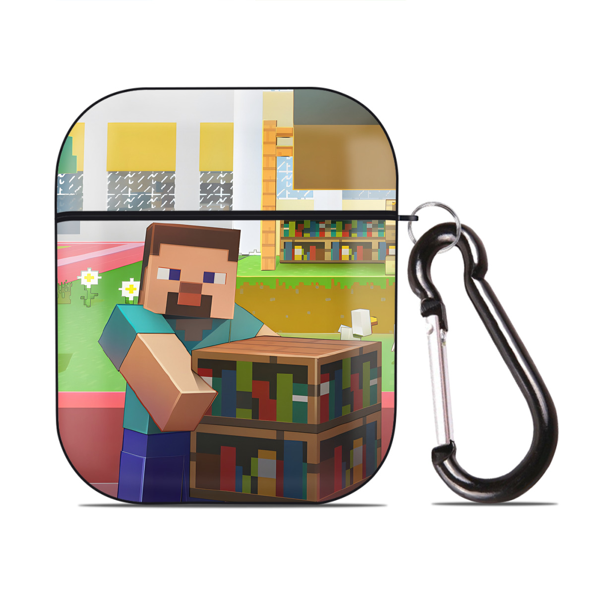 （画像用） マインクラフト ブロックの世界 Minecraft MC Block world AirPods 第2世代保護ケース ハードシェル ブラック 耐衝撃・防指紋・カラビナ付き