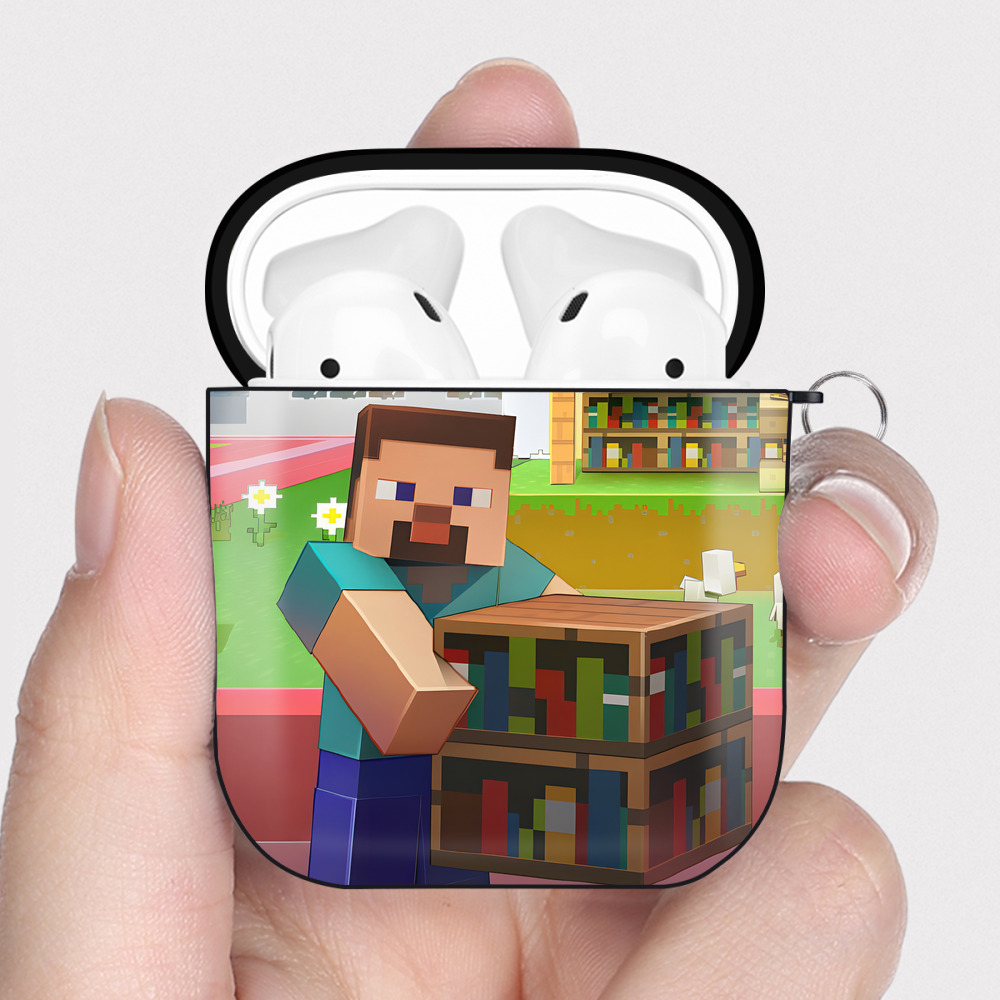 （画像用） マインクラフト ブロックの世界 Minecraft MC Block world AirPods 第2世代保護ケース ハードシェル ブラック 耐衝撃・防指紋・カラビナ付き
