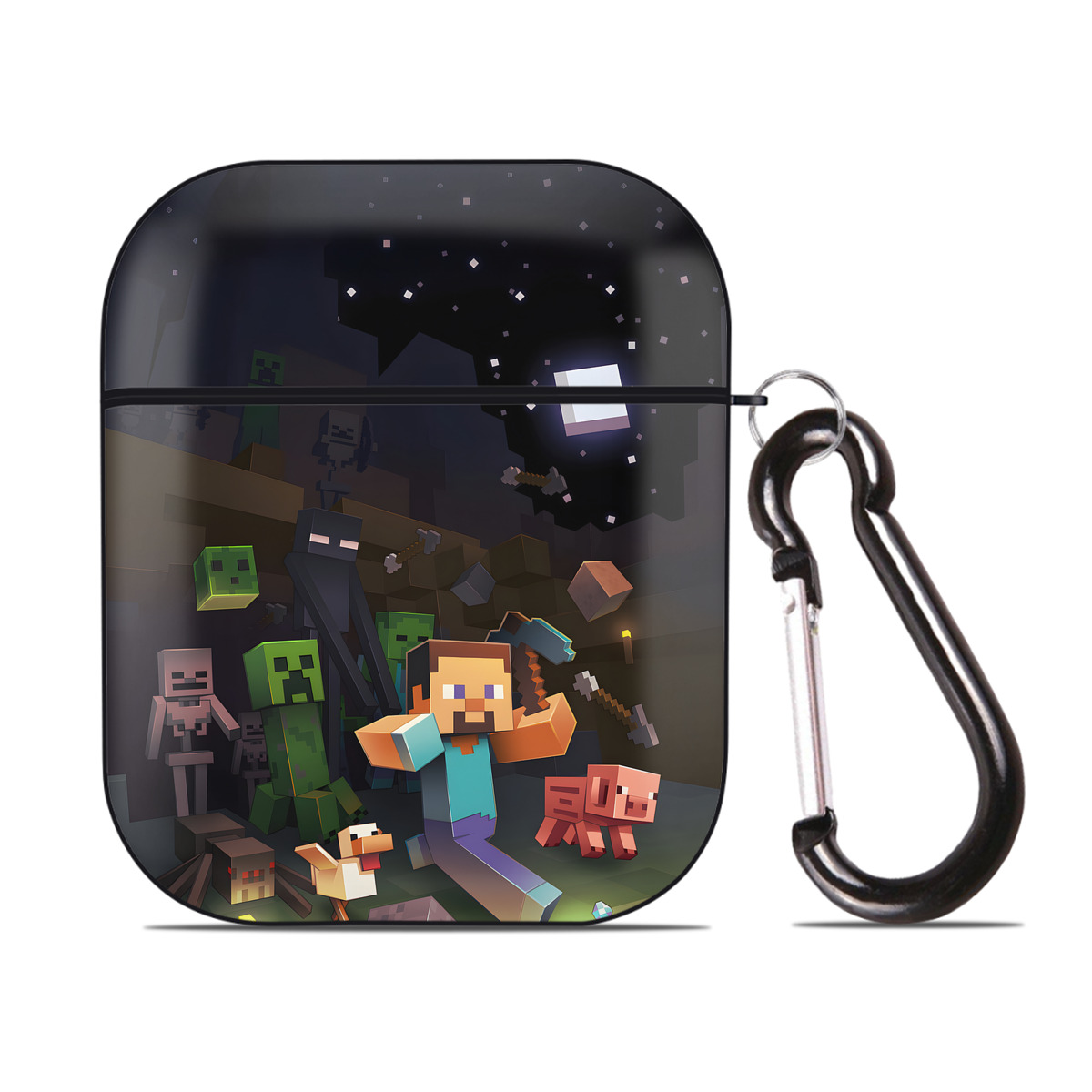 （画像用） マインクラフト ブロックの世界 Minecraft MC Block world AirPods 第2世代保護ケース ハードシェル ブラック 耐衝撃・防指紋・カラビナ付き