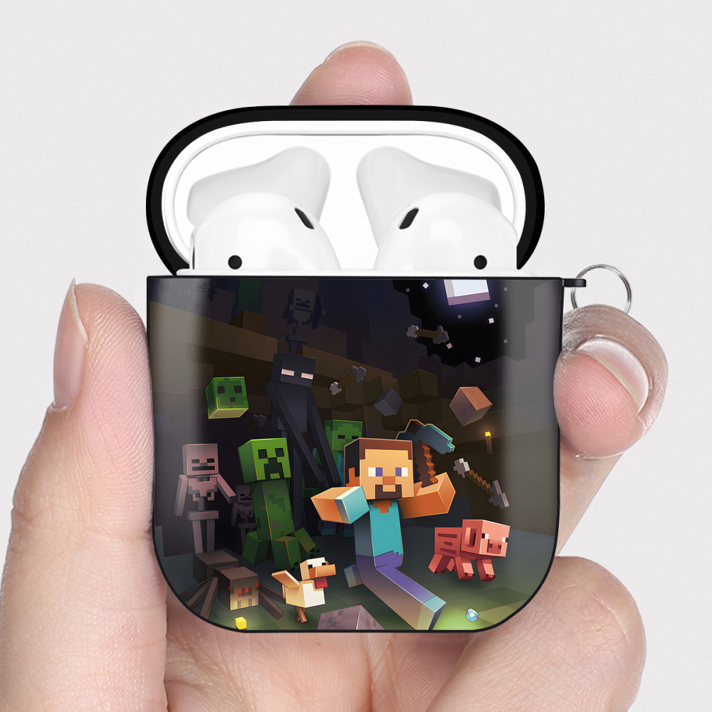 （画像用） マインクラフト ブロックの世界 Minecraft MC Block world AirPods 第2世代保護ケース ハードシェル ブラック 耐衝撃・防指紋・カラビナ付き