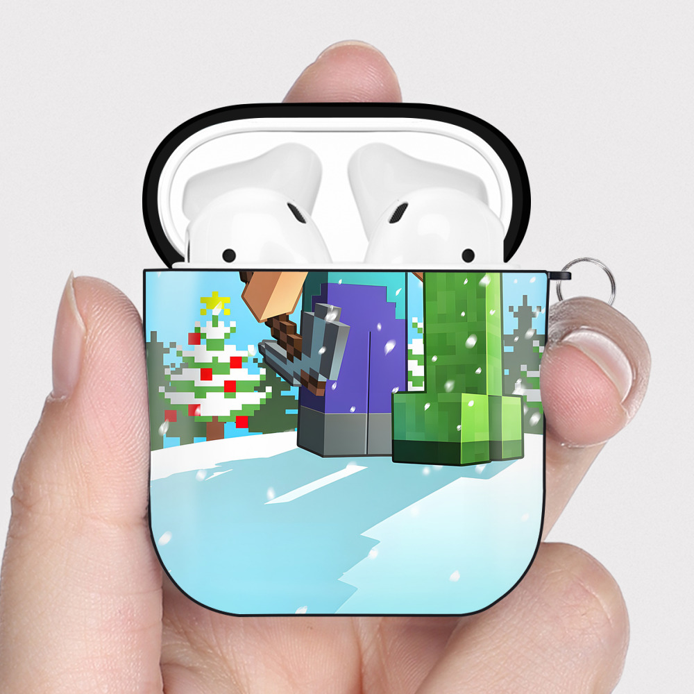 （画像用） マインクラフト ブロックの世界 Minecraft MC Block world AirPods 第2世代保護ケース ハードシェル ブラック 耐衝撃・防指紋・カラビナ付き