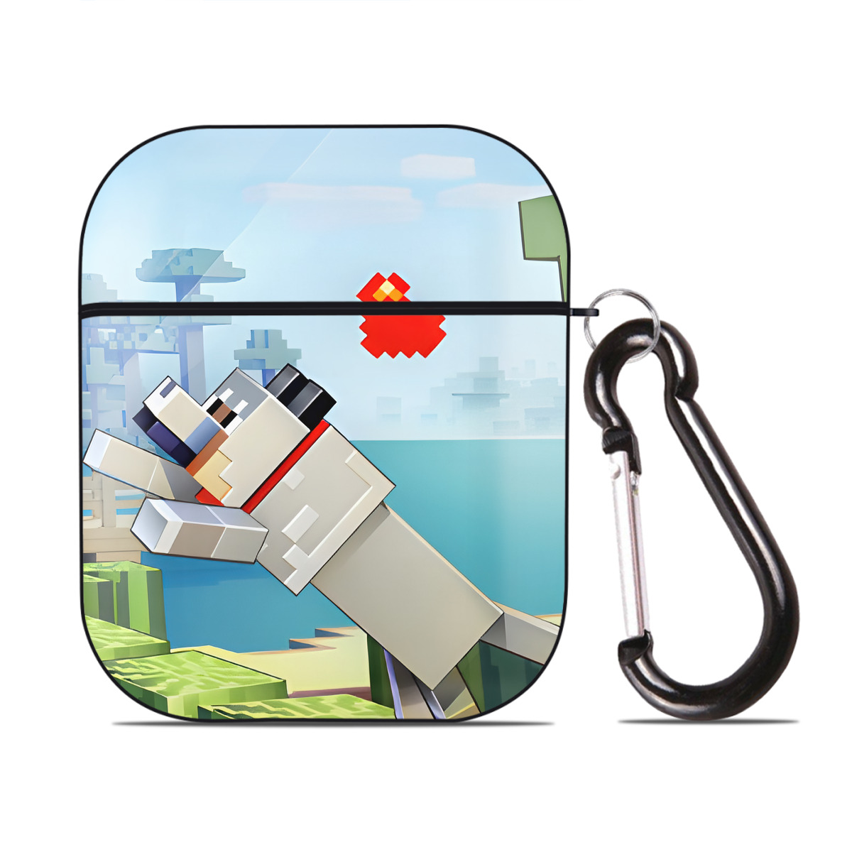 （画像用） マインクラフト ブロックの世界 Minecraft MC Block world AirPods 第2世代保護ケース ハードシェル ブラック 耐衝撃・防指紋・カラビナ付き