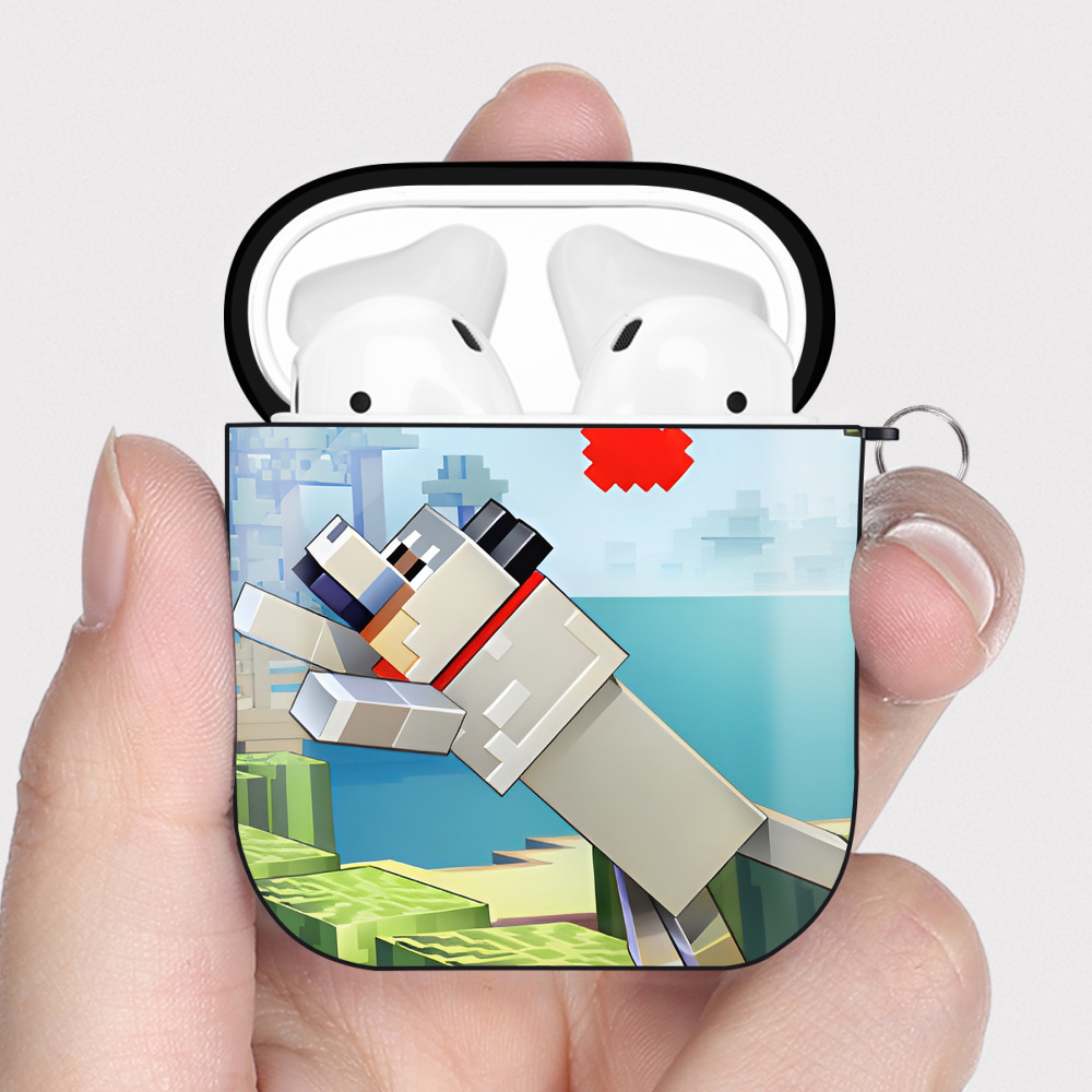 （画像用） マインクラフト ブロックの世界 Minecraft MC Block world AirPods 第2世代保護ケース ハードシェル ブラック 耐衝撃・防指紋・カラビナ付き