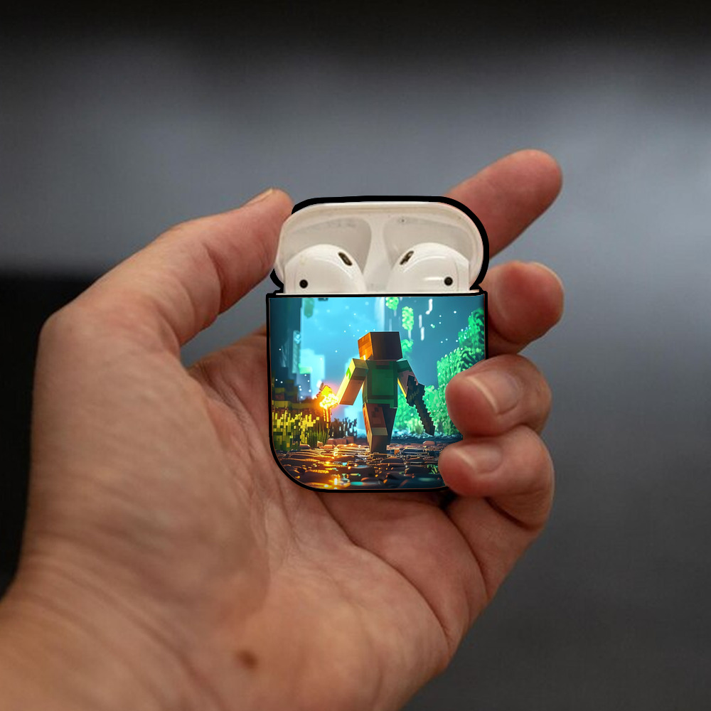 マインクラフト ブロックの世界 Minecraft MC Block world AirPods 第2世代保護ケース ハードシェル ブラック 耐衝撃・防指紋・カラビナ付き
